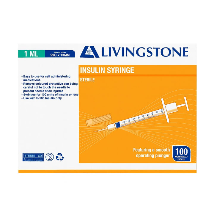 Insulin Syringes, 1ml, with Needle 29 Gauge x 0.5 Inch, 13mm, Sterile - Box of 100