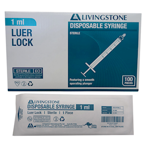 Livingstone Syringe, 1ml, Luer Lock Tip, Hypoallergenic, Sterile   Box of 100