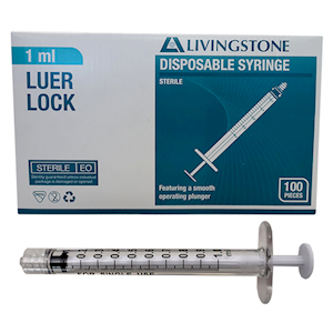 Livingstone Syringe, 1ml, Luer Lock Tip, Hypoallergenic, Sterile   Box of 100